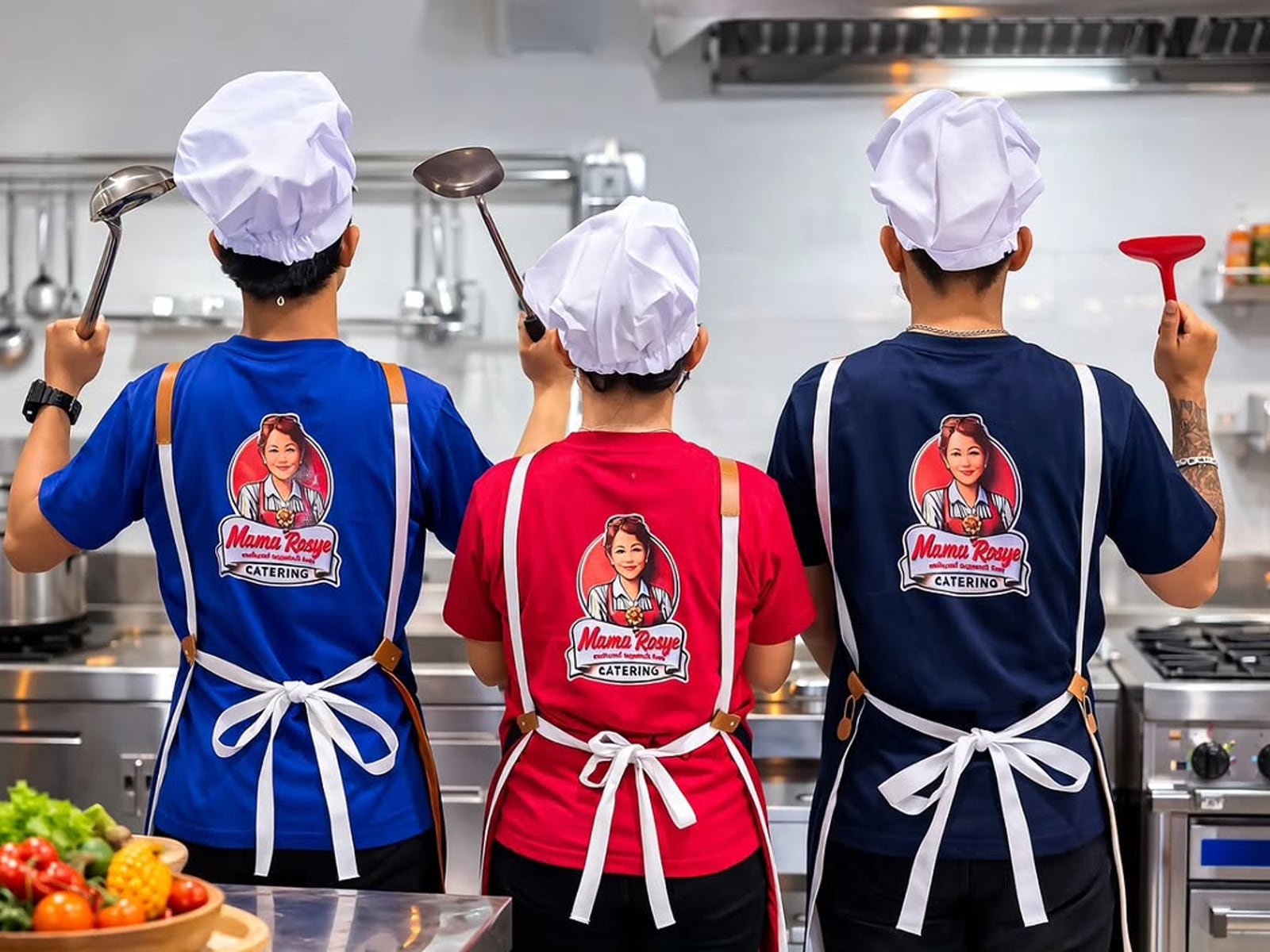 Tim Mama Rosye Catering memasak dengan sepenuh hati di dapur