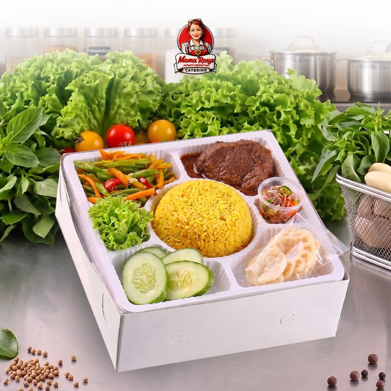 Nasi Kuning Rendang & Tumis Buncis Wortel - catering Mama Rosye